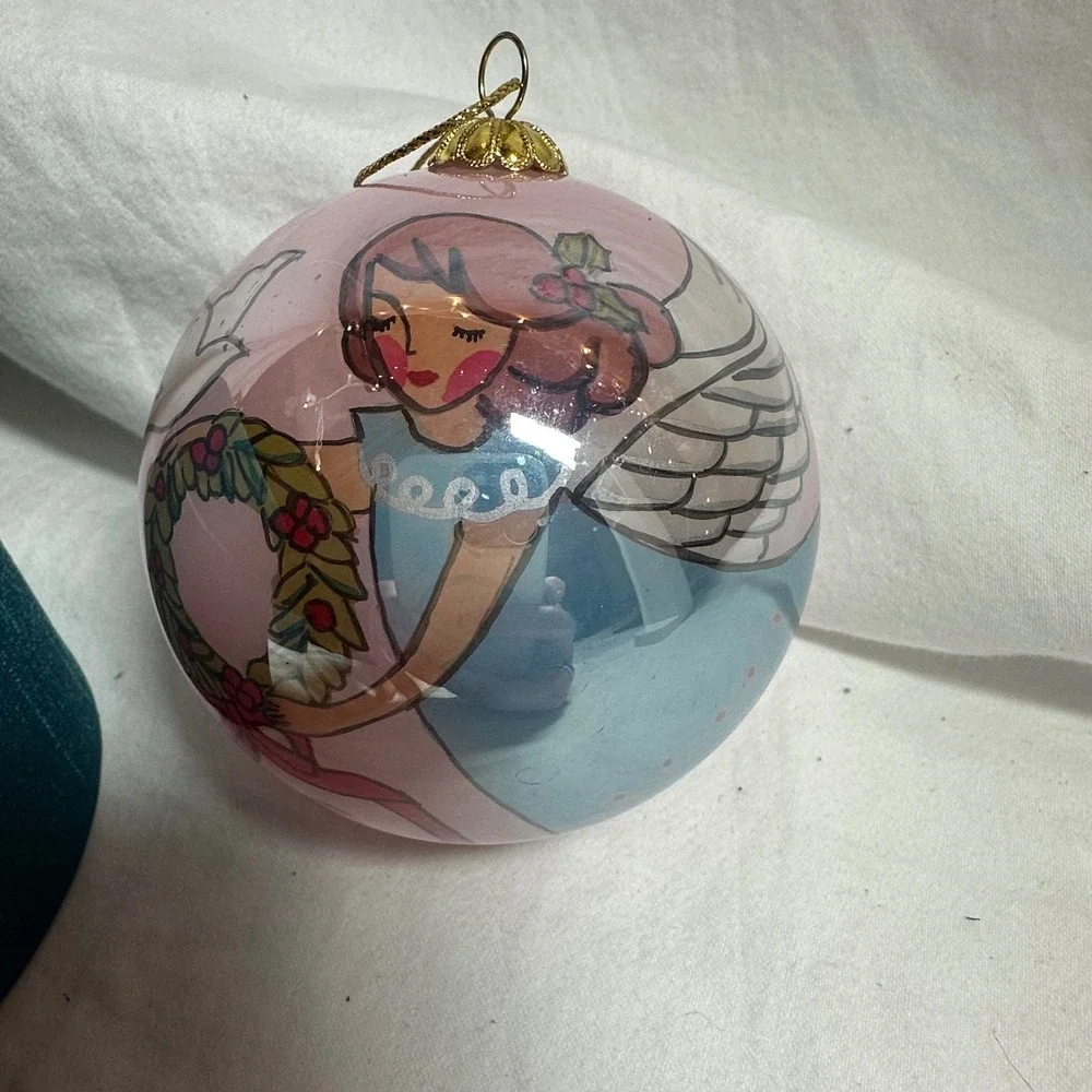 Li Bien Christmas Ornament Pink Angel Hand Painted Glass Excellent With Box